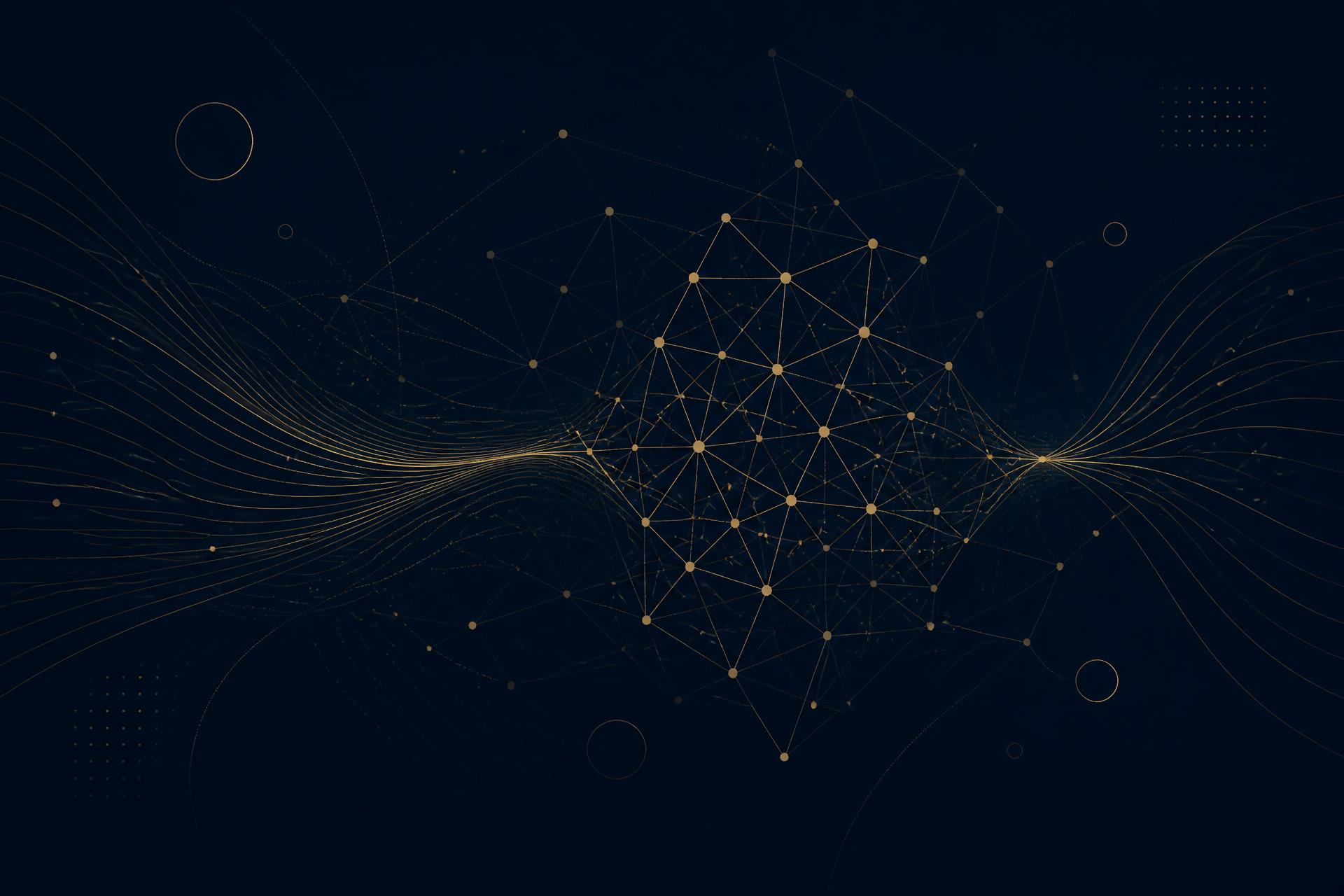 Abstract neural network lattice with gold data-flow lines on a dark navy background